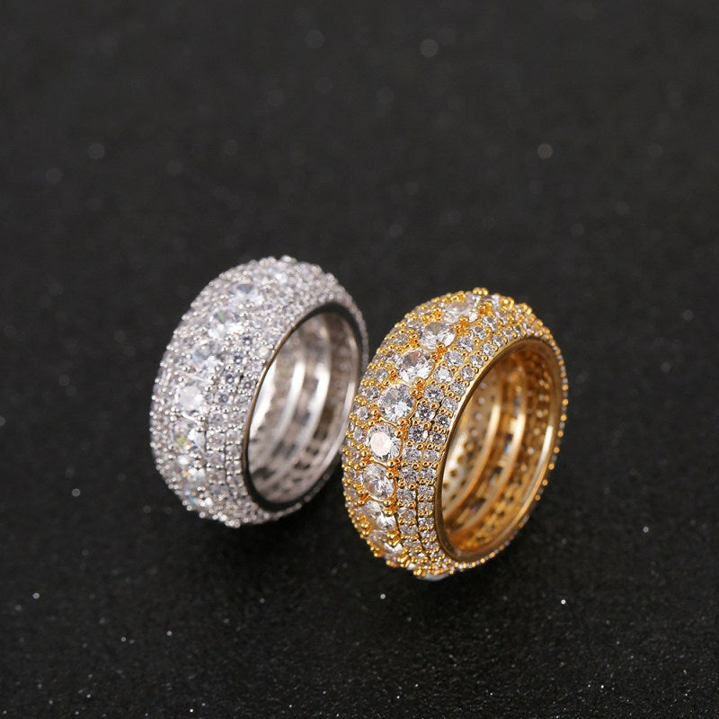 Cross-border European and American hip hop copper micro inlay five rows full of zircon rings men's hiphop ring No. 6-12
