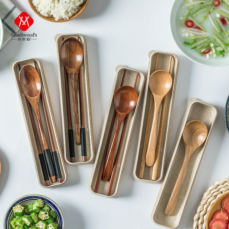 Xiaomuxian Japanese portable boxed wooden spoon chopsticks natural eco-friendly carved tableware chopsticks and spoon set ins