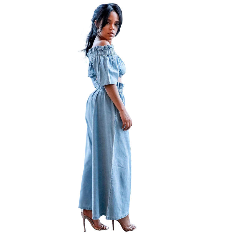 Spot Amazon new one-shoulder crop top European and American ruffles short sleeve wide-legged solid color denim suit women