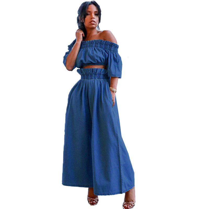 Spot Amazon new one-shoulder crop top European and American ruffles short sleeve wide-legged solid color denim suit women