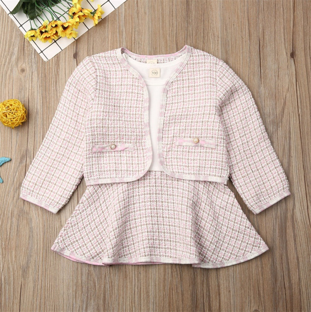 Three-color optional Amazon popular long-sleeved dress two-piece children's clothing baby small fragrance suit one-piece replacement