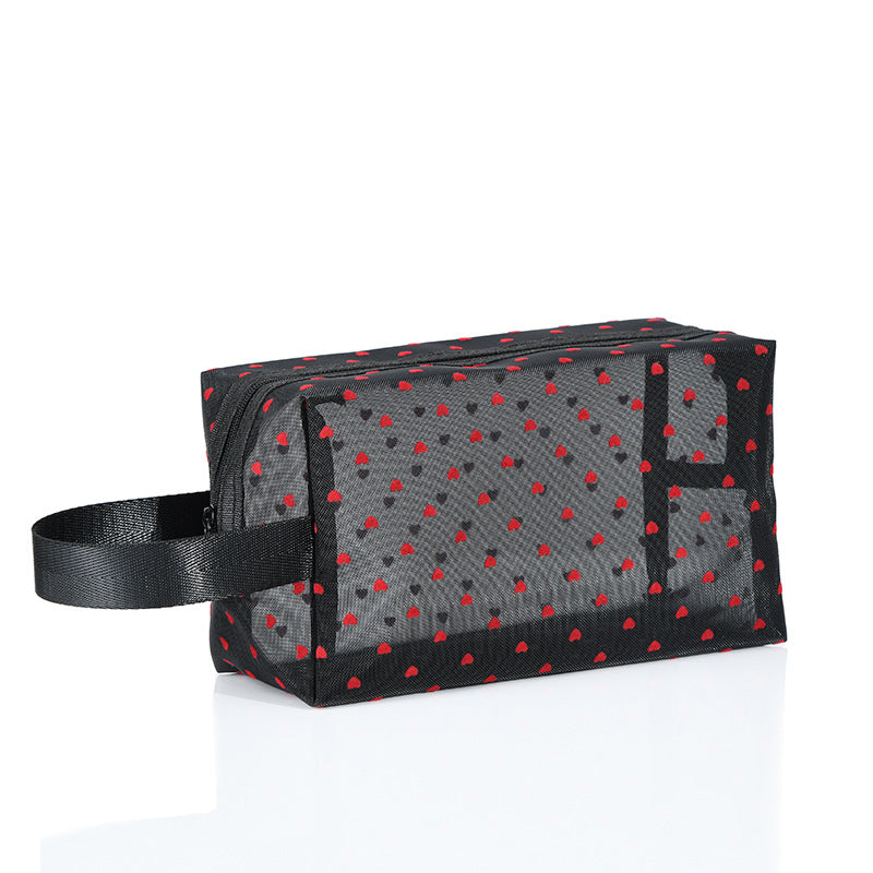 ins Japanese Korean girl heart flocking love mesh cosmetic bag transparent travel storage bag portable lipstick bag wholesale