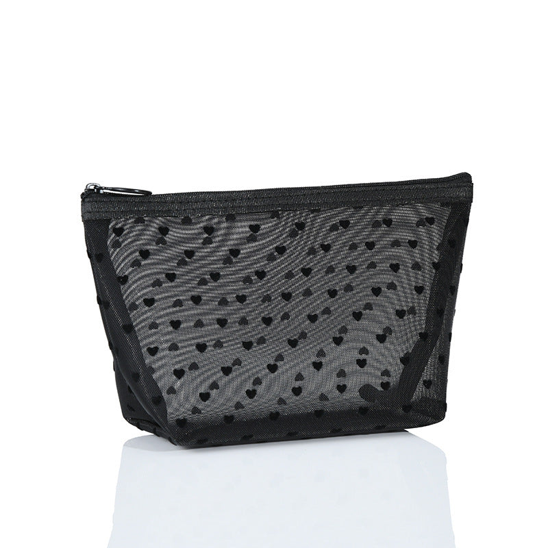 ins Japanese Korean girl heart flocking love mesh cosmetic bag transparent travel storage bag portable lipstick bag wholesale
