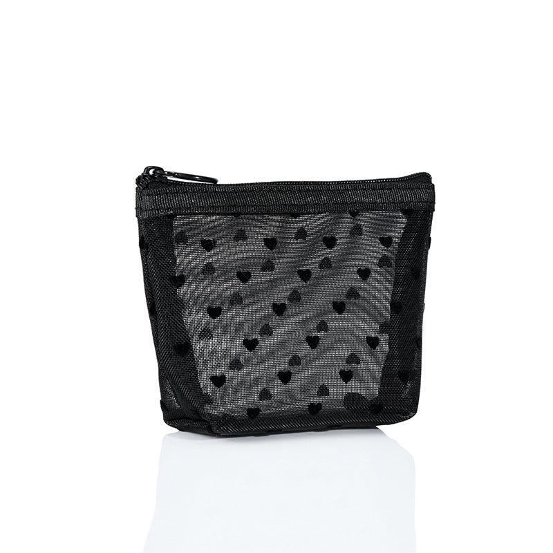 ins Japanese Korean girl heart flocking love mesh cosmetic bag transparent travel storage bag portable lipstick bag wholesale