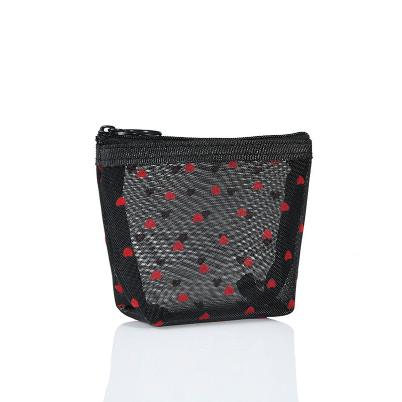 ins Japanese Korean girl heart flocking love mesh cosmetic bag transparent travel storage bag portable lipstick bag wholesale