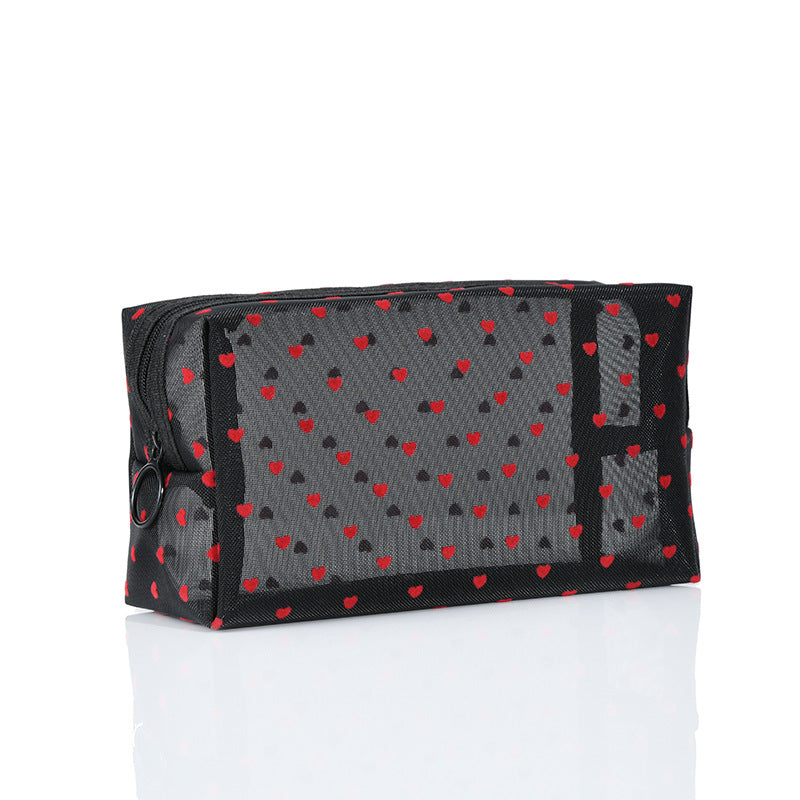 ins Japanese Korean girl heart flocking love mesh cosmetic bag transparent travel storage bag portable lipstick bag wholesale