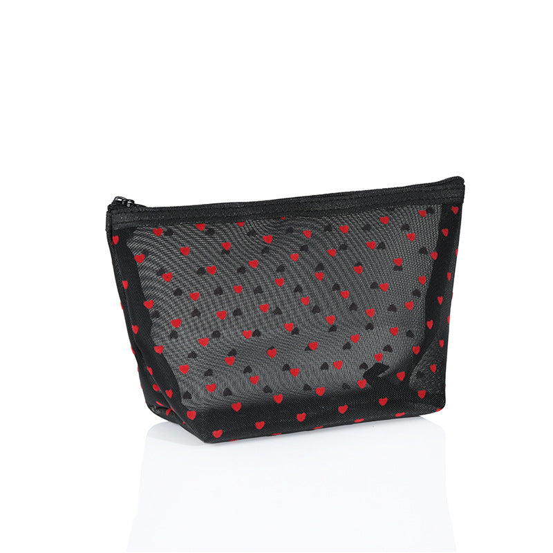 ins Japanese Korean girl heart flocking love mesh cosmetic bag transparent travel storage bag portable lipstick bag wholesale