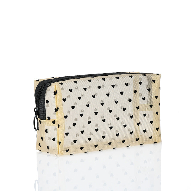 ins Japanese Korean girl heart flocking love mesh cosmetic bag transparent travel storage bag portable lipstick bag wholesale