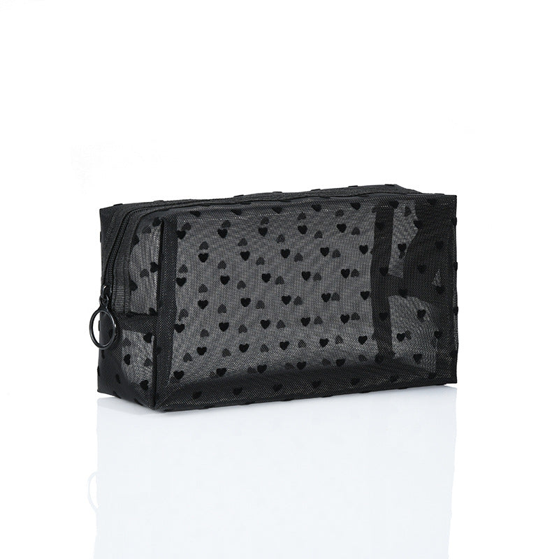 ins Japanese Korean girl heart flocking love mesh cosmetic bag transparent travel storage bag portable lipstick bag wholesale
