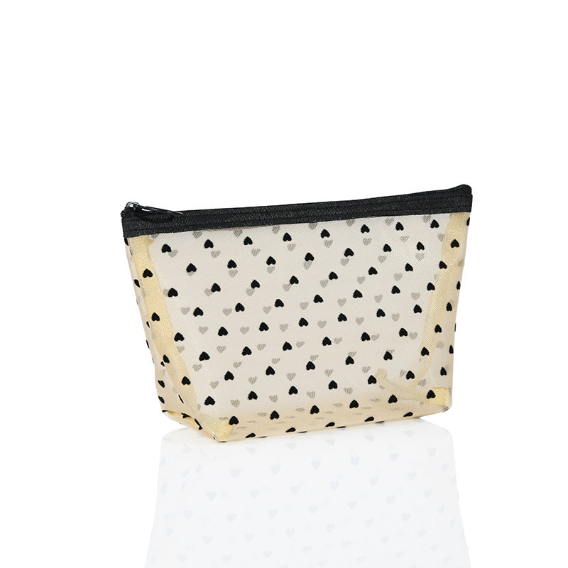 ins Japanese Korean girl heart flocking love mesh cosmetic bag transparent travel storage bag portable lipstick bag wholesale