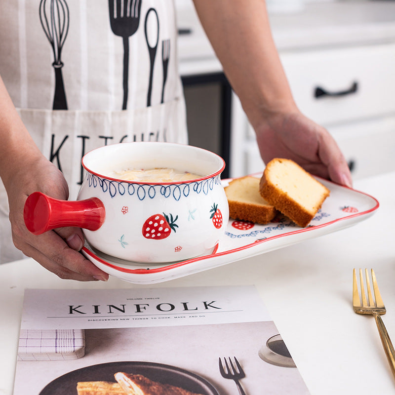 One person eating Japanese ceramic breakfast bowl and plate set creative Internet celebrity plate dish plate household oatmeal bowl strawberry pattern