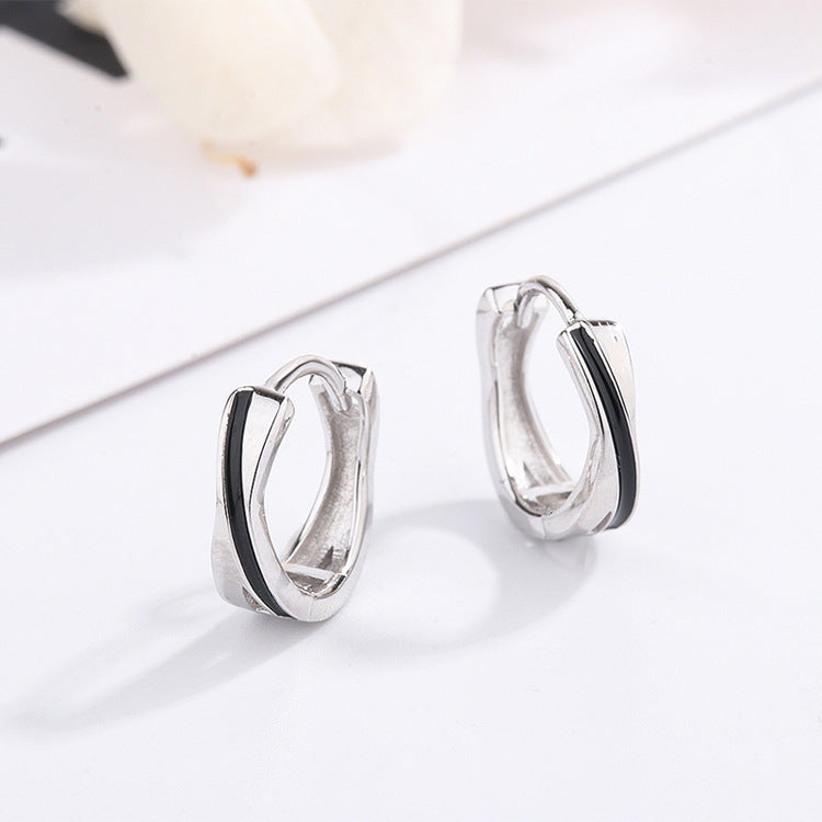 S925 sterling silver black drop glaze hip hop earrings men's Korean temperament personality hipster ring hoop earrings