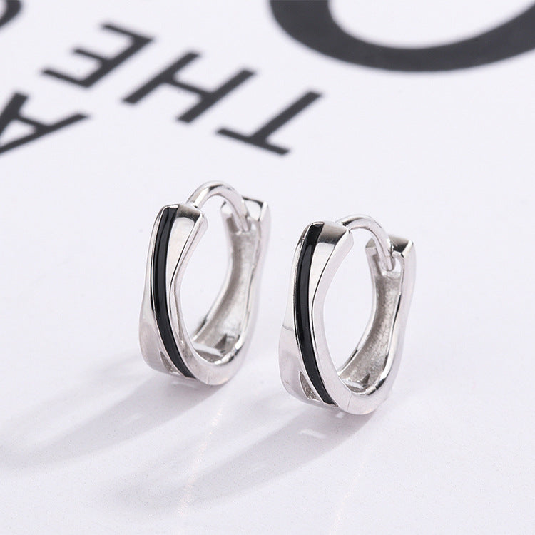 S925 sterling silver black drop glaze hip hop earrings men's Korean temperament personality hipster ring hoop earrings