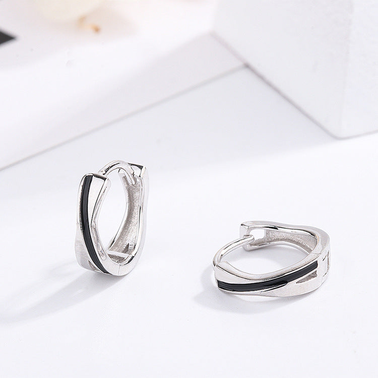 S925 sterling silver black drop glaze hip hop earrings men's Korean temperament personality hipster ring hoop earrings