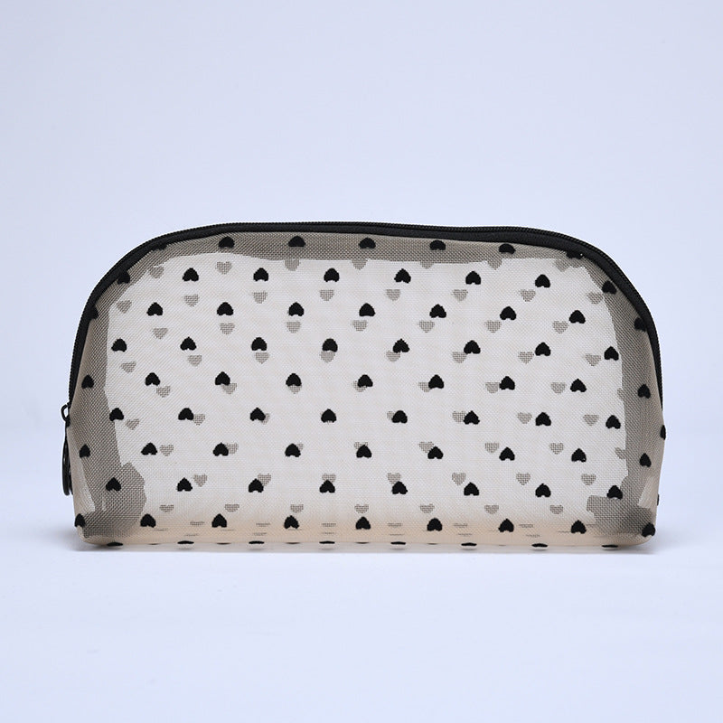 ins Japanese Korean girl heart flocking love mesh cosmetic bag transparent travel storage bag portable lipstick bag wholesale