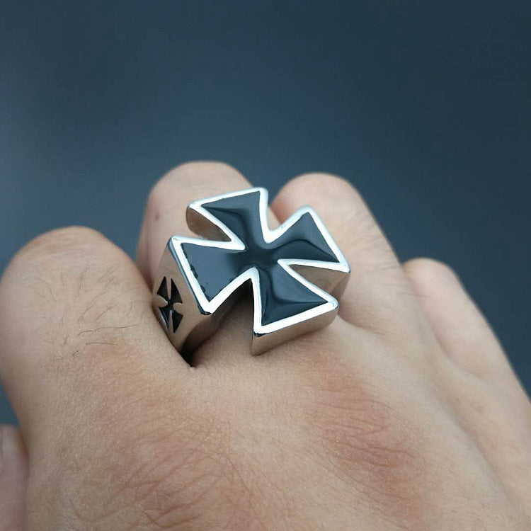 European and American cross-border hot selling punk retro ring titanium steel polished German black iron cross men's ring