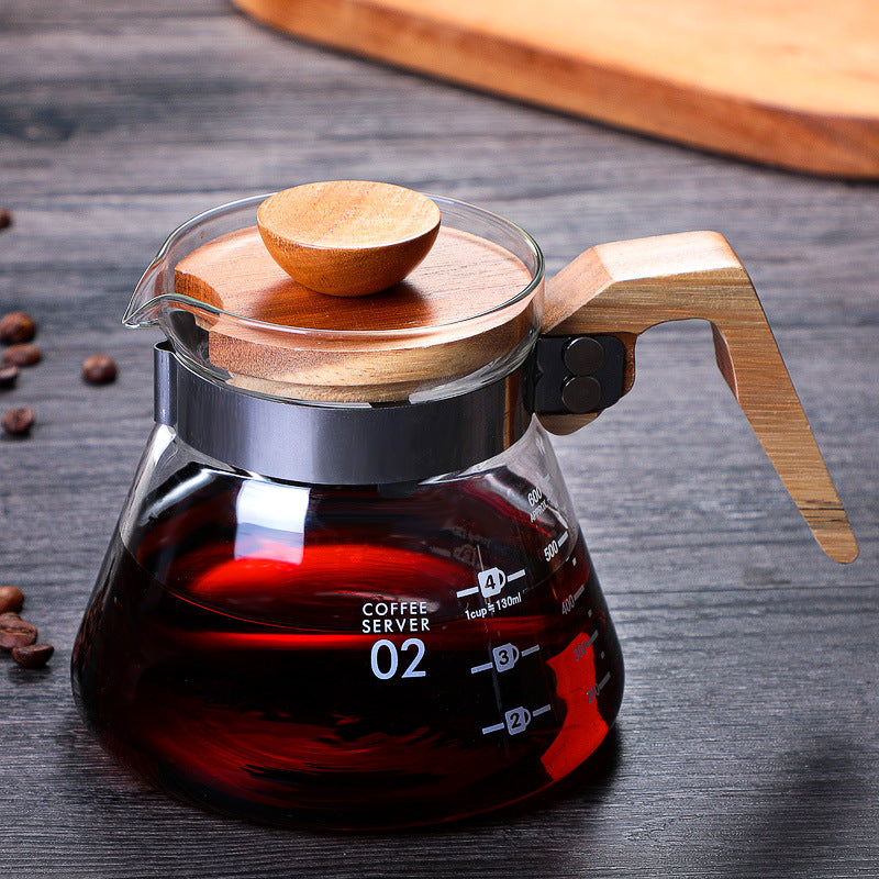 Blowing Thickened Glass Coffee Pot Set Rubber Wood Handle Sharing Pot Coffee Cup Manufacturers Bulk Stock