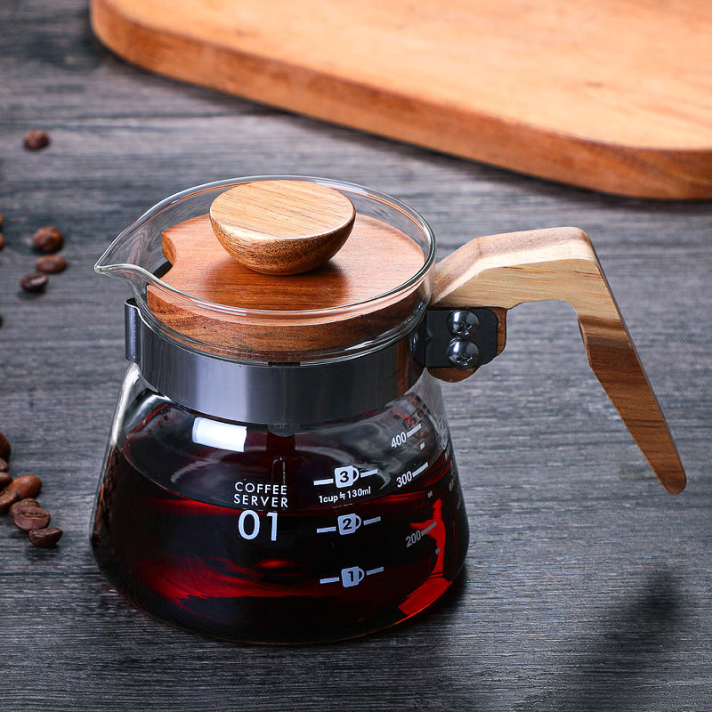 Blowing Thickened Glass Coffee Pot Set Rubber Wood Handle Sharing Pot Coffee Cup Manufacturers Bulk Stock