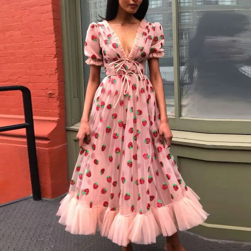 2023 Cross Border Dress French Strawberry Four Color Sequins Sweet Long Skirt Mesh Tie Slim Fit Fashion Dress