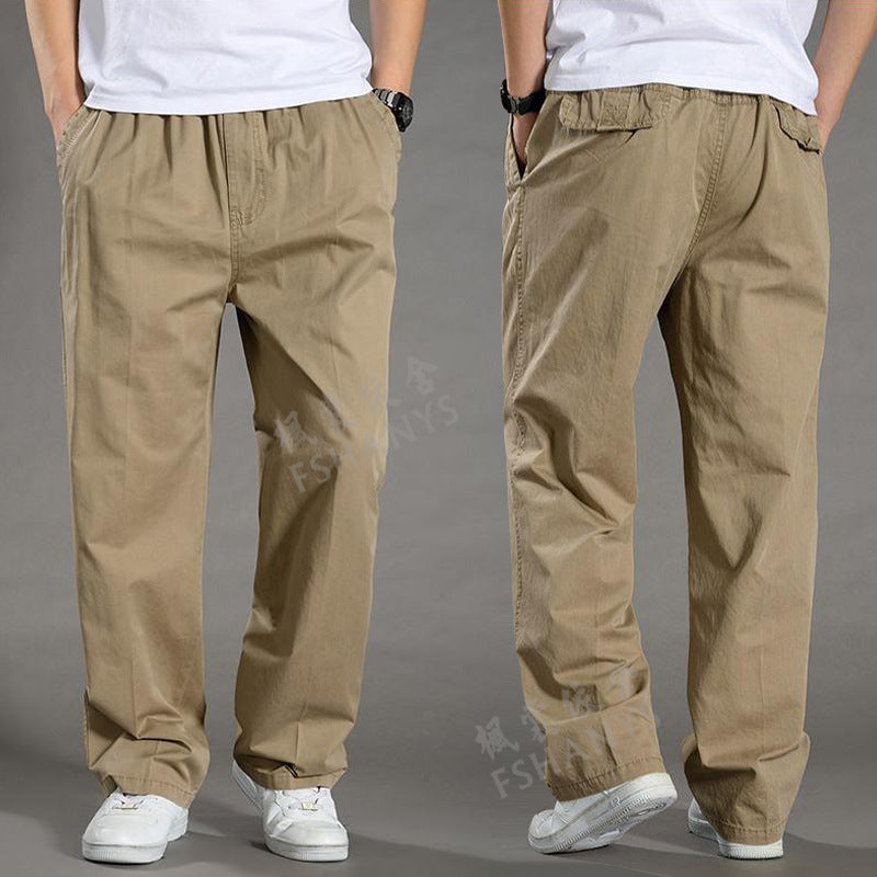 Spring and Autumn Thin Men's Casual Pants Plus Size Cargo Pants Large Size Loose Middle-aged Men's Trousers Cotton Straight Elastic Waist