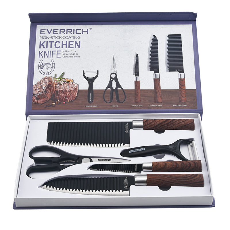 Wood grain knife five-piece black wavy pattern kitchen set knife gift box multi-functional kitchen knife combination knife set