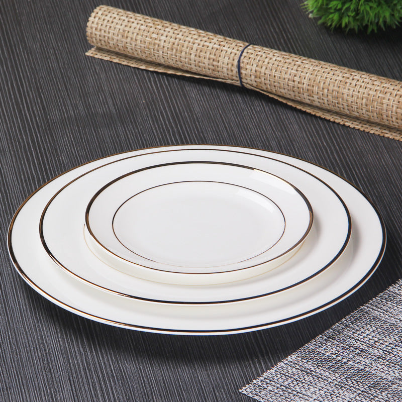 Gold-edged bone china plates and bowls, hotel tableware and supplies, 8-piece set of tables, and the hotel can add a logo set