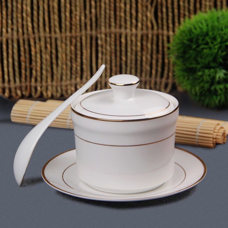 Gold-edged bone china plates and bowls, hotel tableware and supplies, 8-piece set of tables, and the hotel can add a logo set
