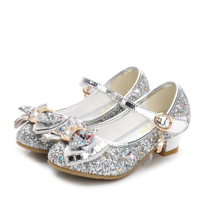 Fall 2025 new girls' small high heels, sequin uppers, bow decorated children's dancing shoes