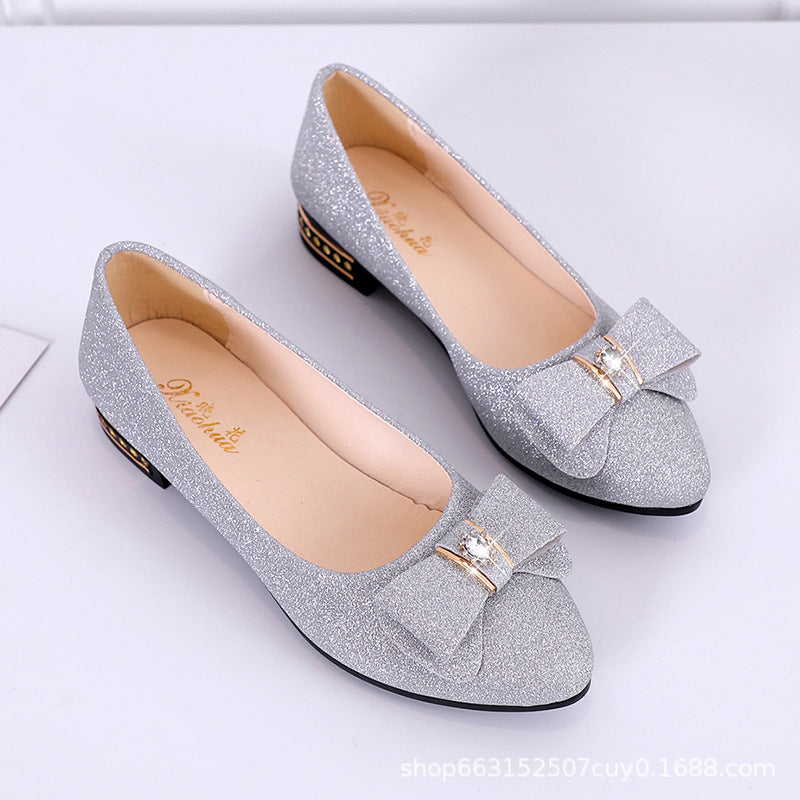 2025 Spring New Versatile Block Heel Pointed Toe Single Shoes Women's Fashion Bow Rhinestone Low Heel Comfortable Work Mom Shoes