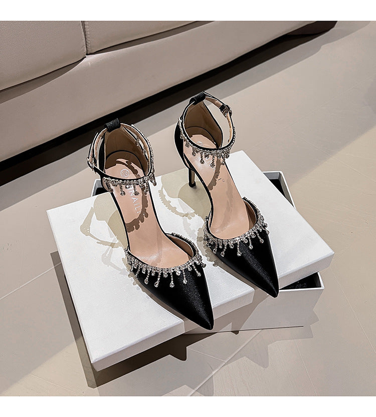 White main wedding dress wedding shoes satin strap women's summer fashion tassel chain high heels black temperament hollow sandals