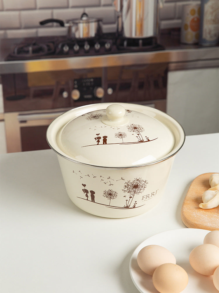 Thickened food grade enamel bowl household oil basin with lid soup bowl old style lard jar and basin porcelain basin