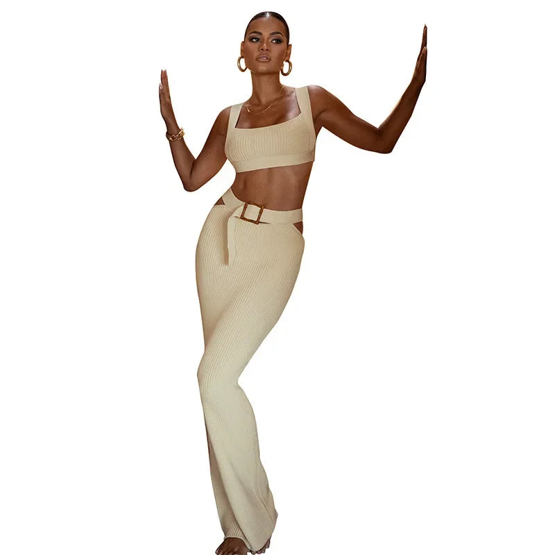 Temu long skirt casual two-piece set sexy hip slim suspender top belt temperament skirt set