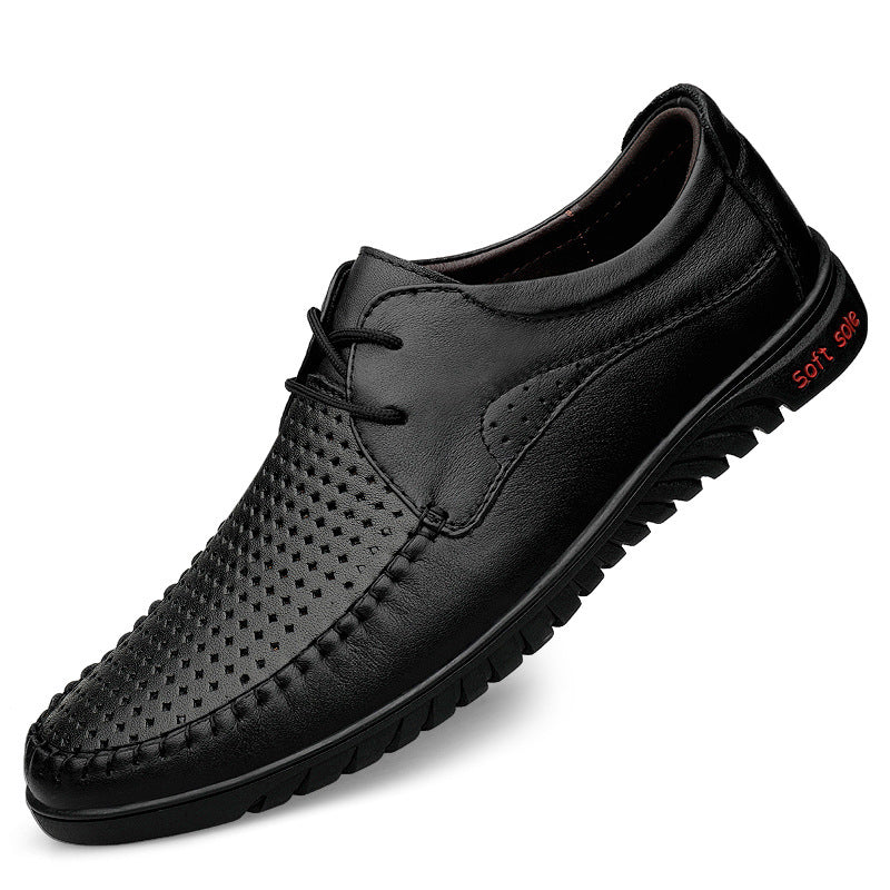 2025 men's spring and summer leather shoes, breathable for work, cowhide soft leather soft soles, casual hole leather shoes, middle-aged business shoes