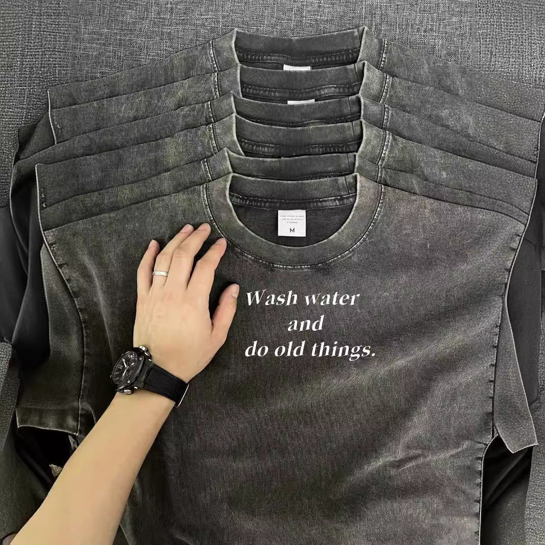 300g Heavy Retro Male and Female Couple T Summer New 2024 Wash Aged Short Sleeve T-Shirt Light Plate Washed Black