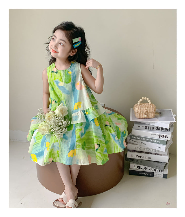 Girls Summer Dress 2025 New Style Foreign Girl Seaside Vacation Dress Summer Children's Colorful Sleeveless Skirt