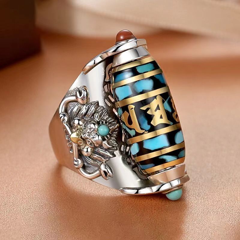 Six-character mantra dzi dzi turn ring men's national tide dapeng bird personality couple ring ring