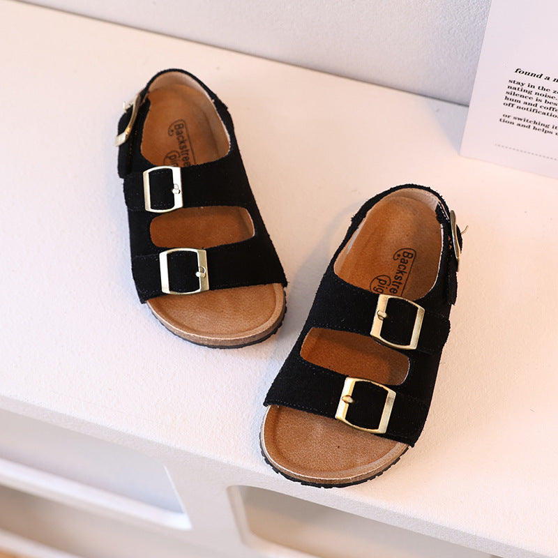 Genuine leather children's Birkenstock sandals Korean version nubuck leather soft-soled baby sandals retro wooden Kang sole medium and large children's sandals