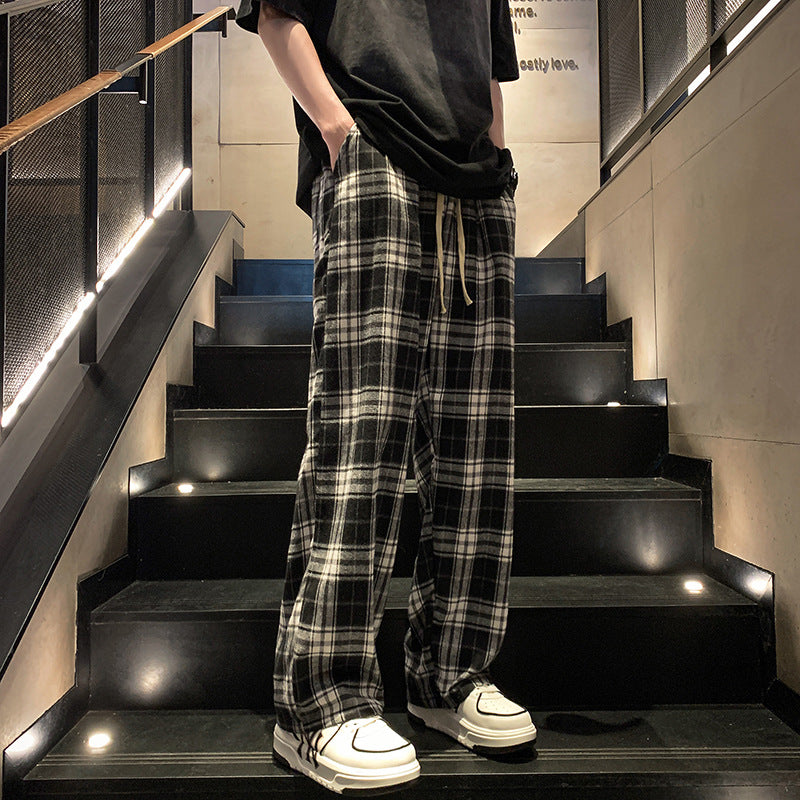 Handsome plaid pants men's summer Japanese lazy retro loose large size trendy brand casual sports wide-leg mop pants