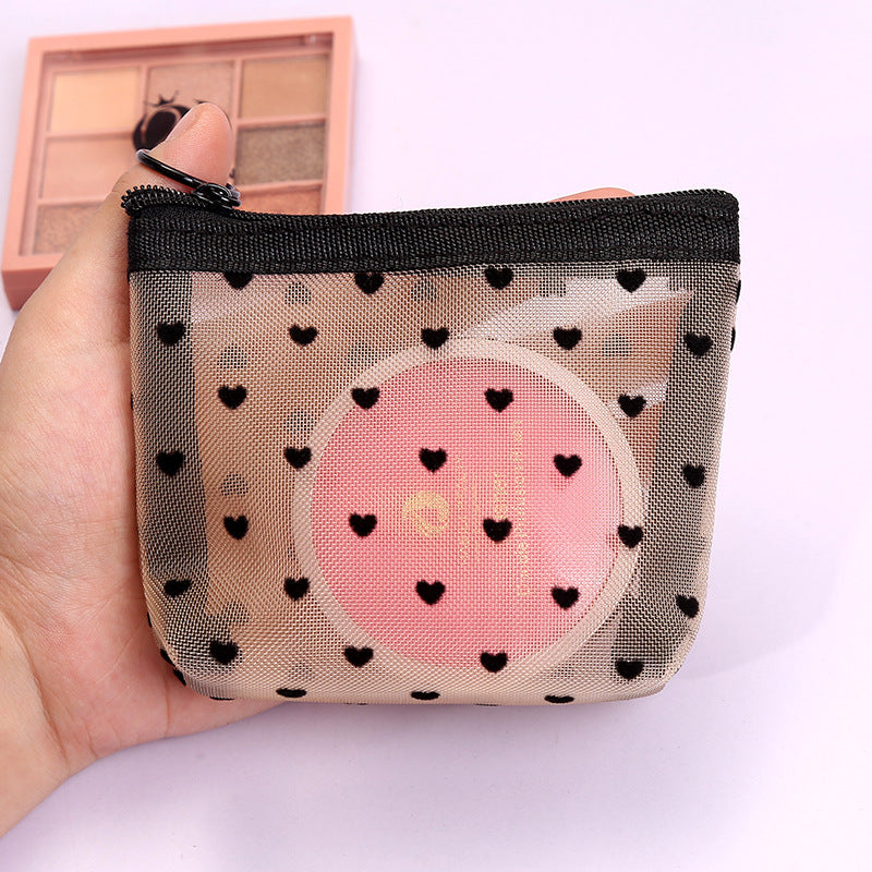 ins Japanese Korean girl heart flocking love mesh cosmetic bag transparent travel storage bag portable lipstick bag wholesale