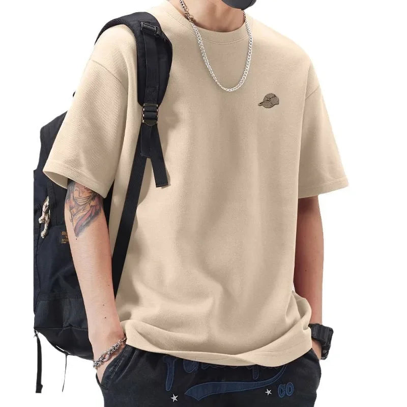 Heavy embroidery piqué cotton t-shirt men's spring summer new trend dropped shoulder short sleeve crew neck loose large size half sleeve shirt Jane