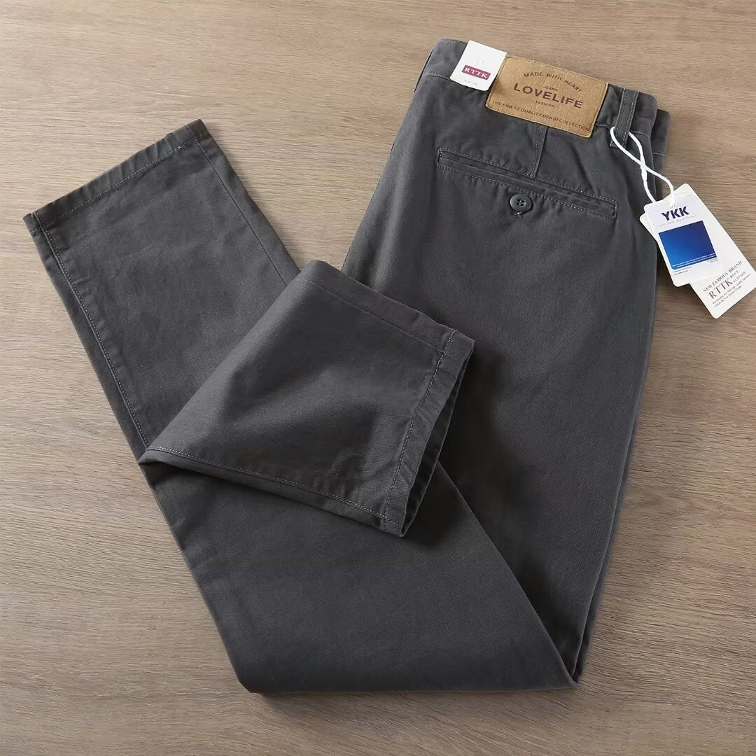 Thick heavy casual trousers men's spring and autumn cotton slim small straight pants American stiff wash men's pants tide