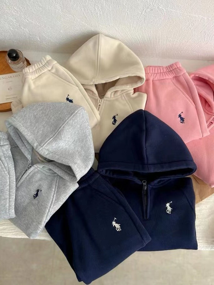 Boys and girls children's set 23 winter new men's and girls' half-zipper velvet hooded sweatshirt baby sweatpants two-piece set