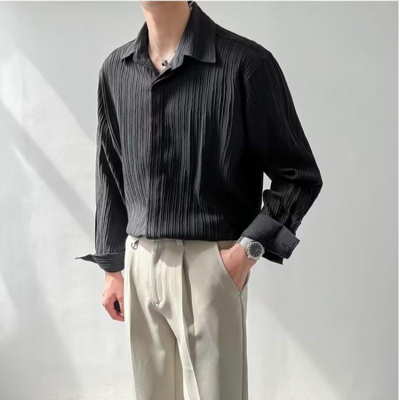 Textured tops Korean version loose casual long-sleeved shirt men's trendy handsome striped non-ironing shirt autumn