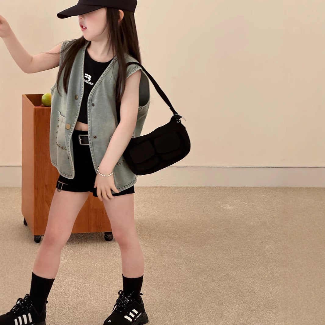 No refund or exchange Girls' summer thin studded vest denim jacket Children's Korean version mid-length sleeveless vest