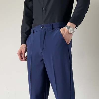 Foreign trade cut label small suit pants men's cropped slim straight slacks, ice silk men's drape black suit pants