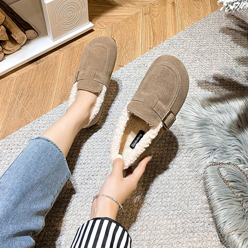 Birkenstock women's 2023 new autumn and winter maternity shoes one-foot pedal women's shoes plus fleece bean soft-soled Birkenstock shoes are all-inclusive