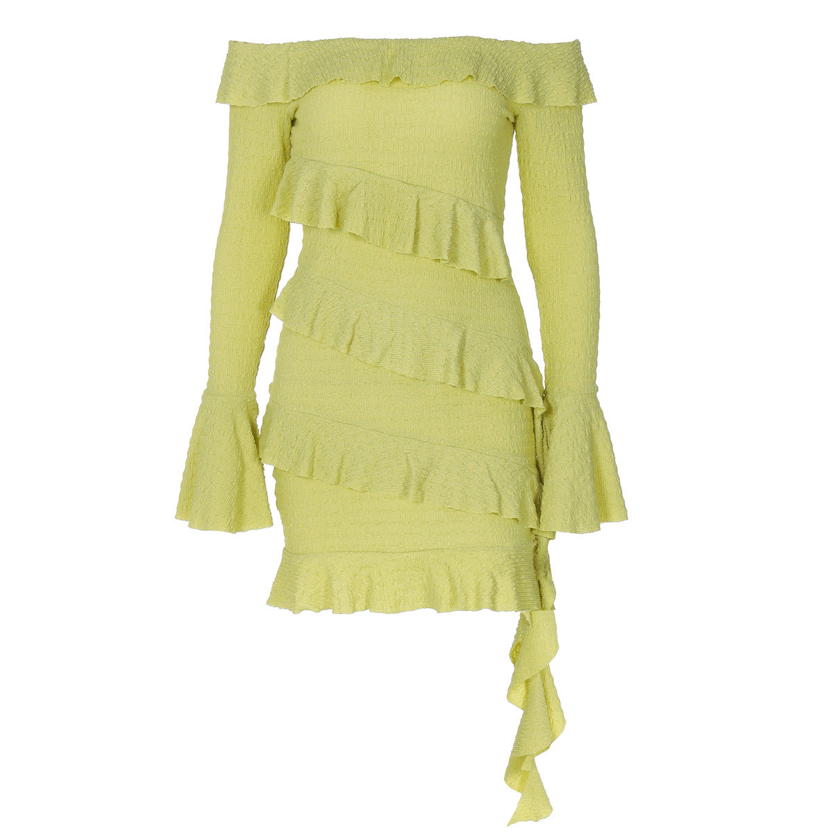 Europe and the United States hot sale 2024 autumn new products fashion straight shoulder ruffle bell sleeve streamer dress foreign trade wholesale