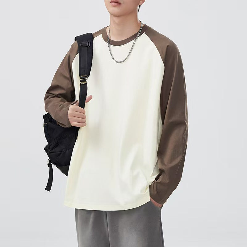 Heavy raglan cotton long sleeve t-shirt men's American contrasting stitching base layer shirt loose crew neck unisex long-sleeved T