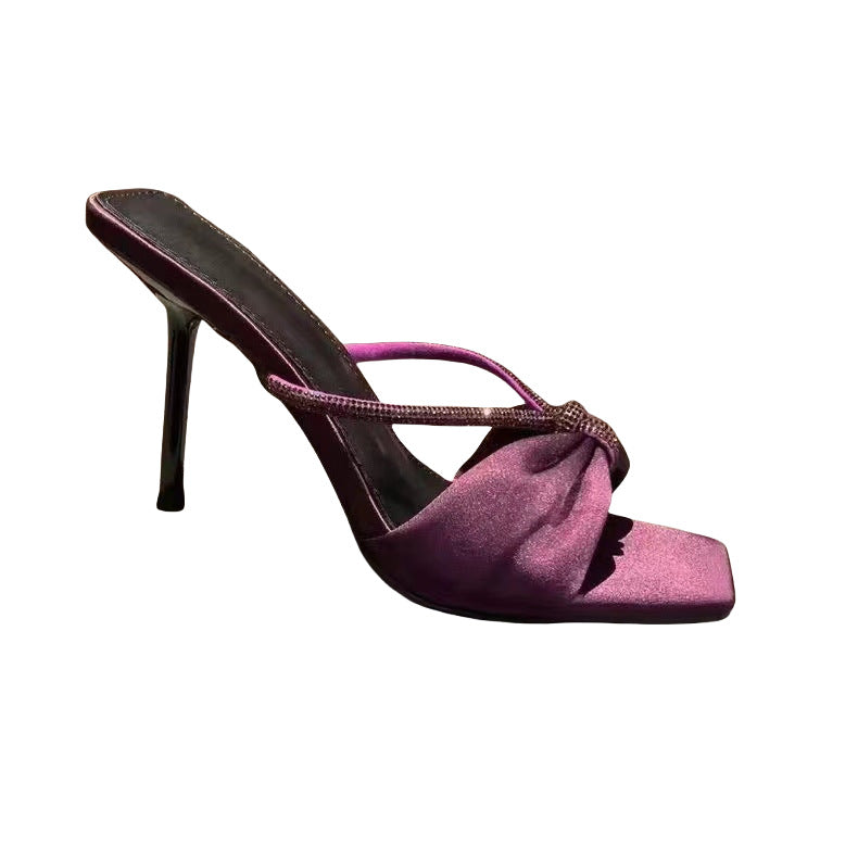 Poplar Forest with purple satin rhinestone stiletto slippers women's new temperament square toe crossed strap sandals