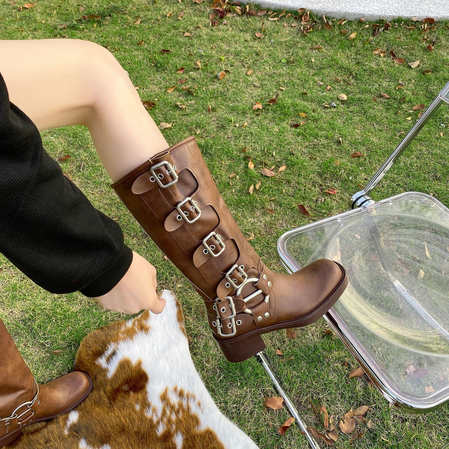 Belt buckle vintage high boots fashion boots women's boots wholesale new boots block heel western boots increase height leather boots